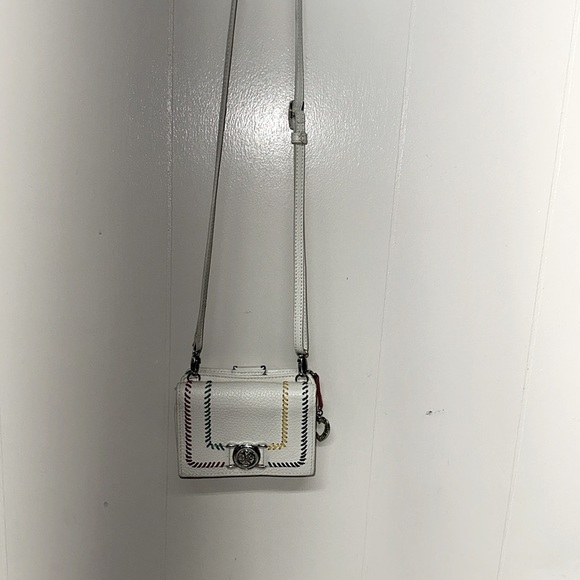 BRIGHTON CROSSBODY LEATHER WALLET W/ STRAP WHITE W/ BLUE RED YELLOW RIBBONS - Picture 2 of 14